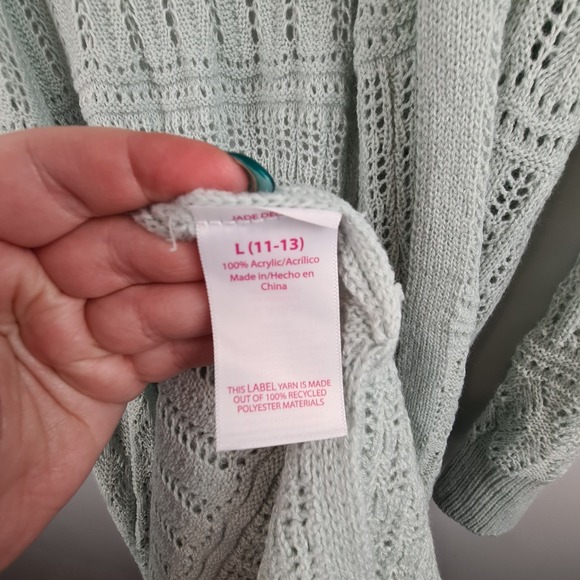 No Boundaries Pointelle Open Cardigan Jade Green Large 11/13 Juniors Knit Pocket - Picture 4 of 9